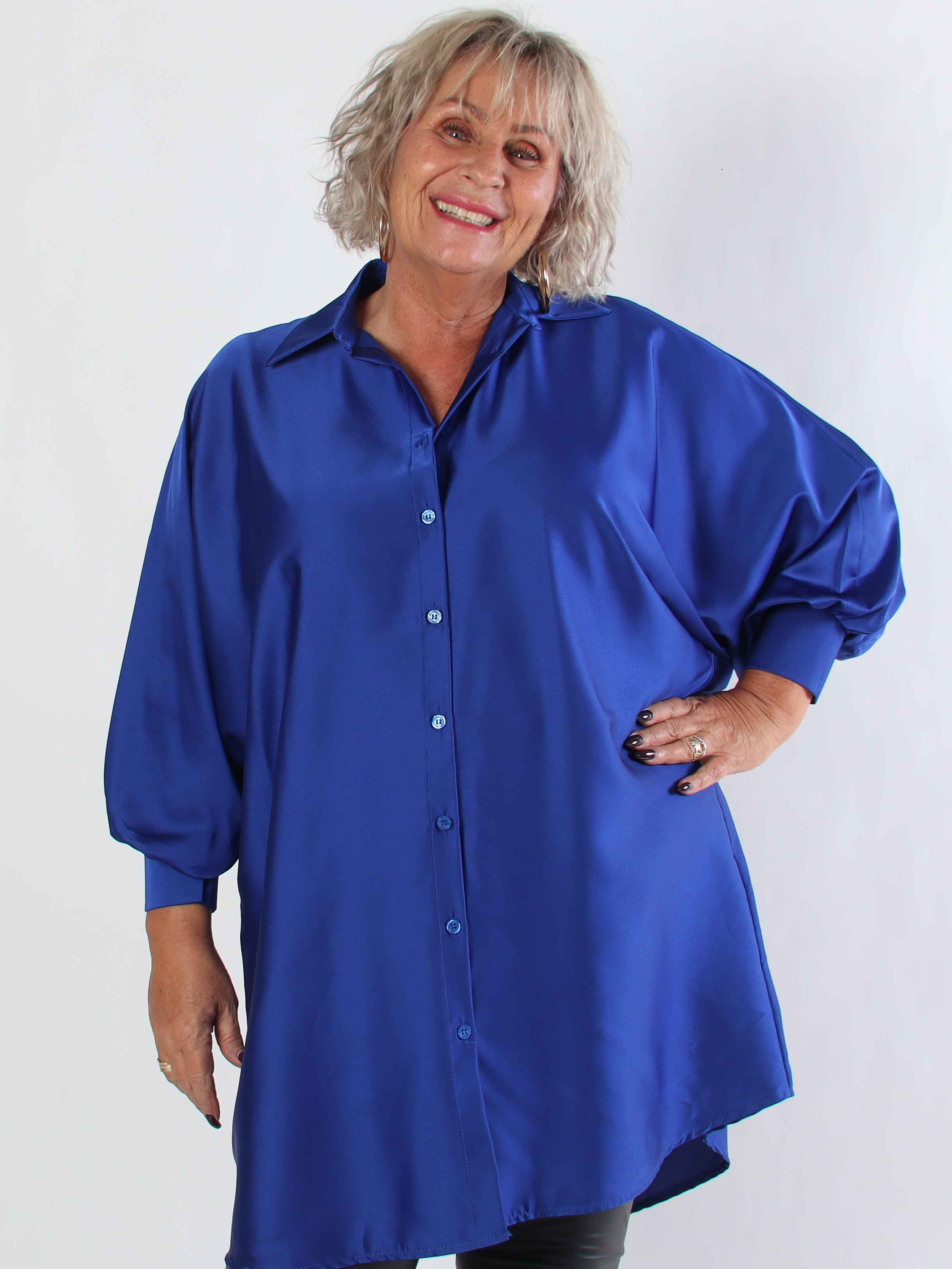 Feliciti long - Shiny plus size skjortekjole med flagermusærmer